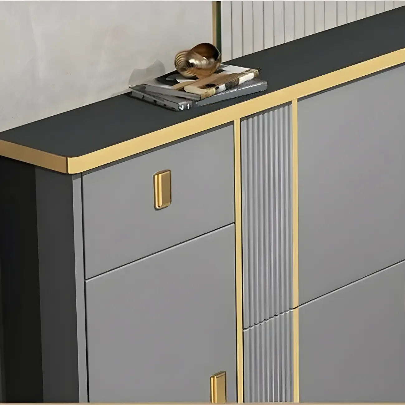 Large Entryway Grey Wooden Shoe Storage with Gold Trim