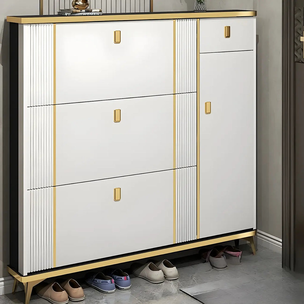 Large Entryway Grey Wooden Shoe Storage with Gold Trim