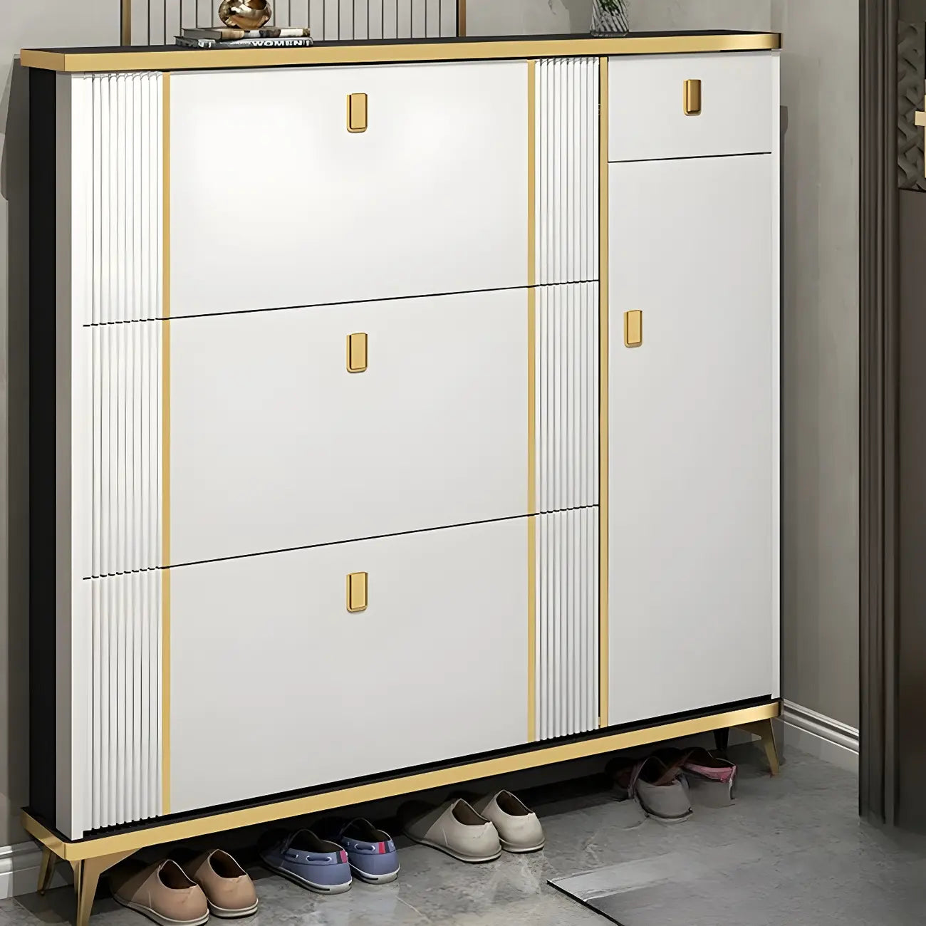Large Entryway Grey Wooden Shoe Storage with Gold Trim