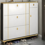 Large Entryway Grey Wooden Shoe Storage with Gold Trim