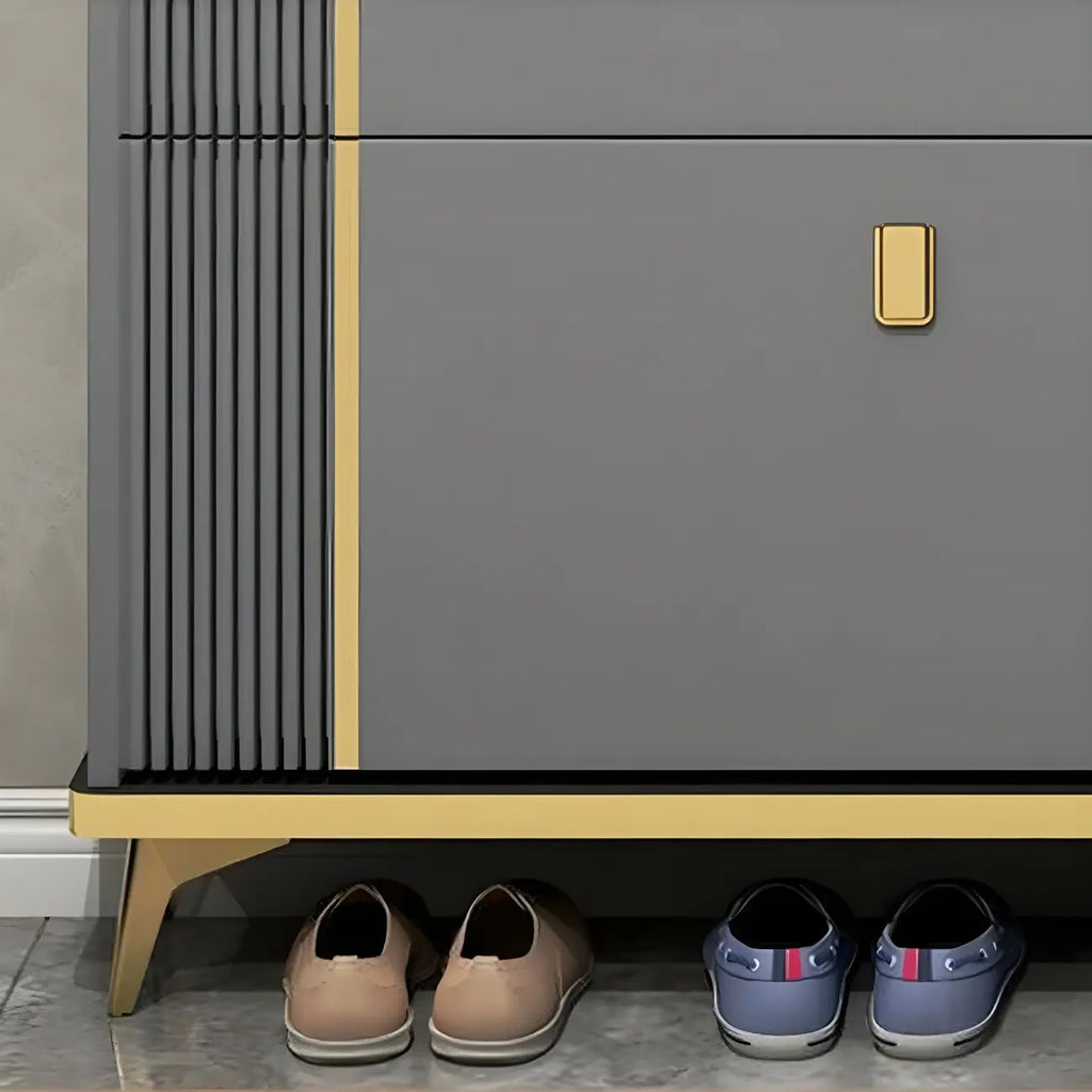 Large Entryway Grey Wooden Shoe Storage with Gold Trim
