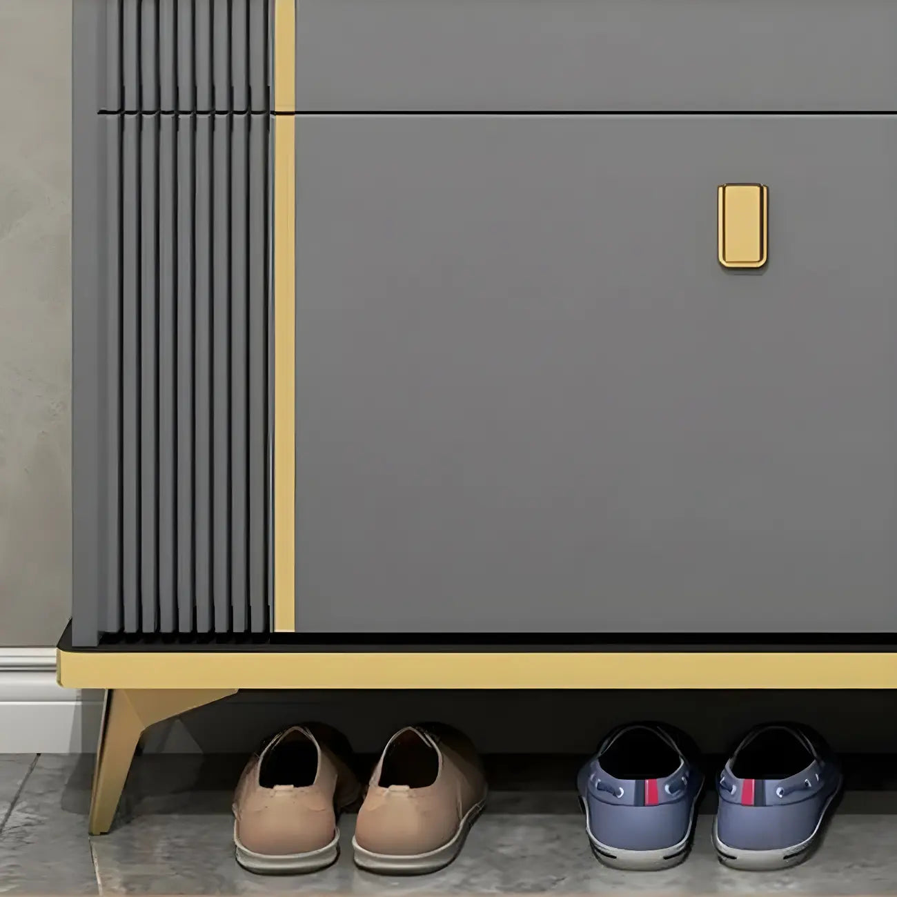 Large Entryway Grey Wooden Shoe Storage with Gold Trim