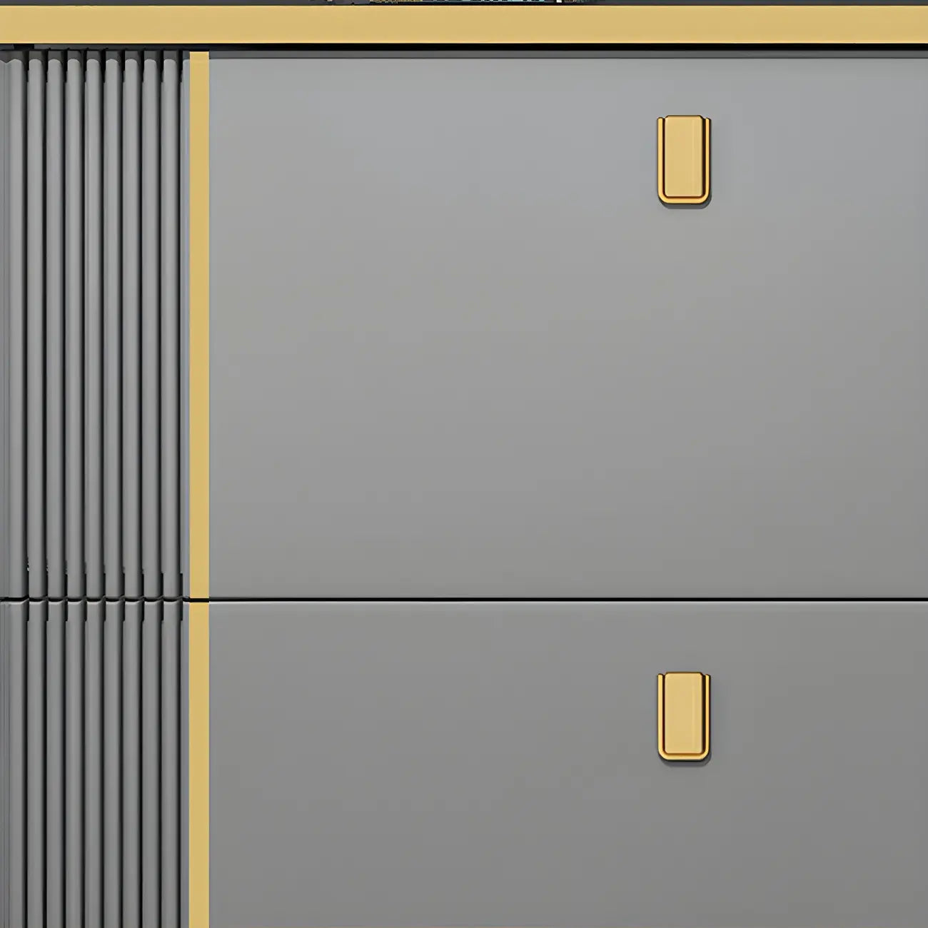 Large Entryway Grey Wooden Shoe Storage with Gold Trim
