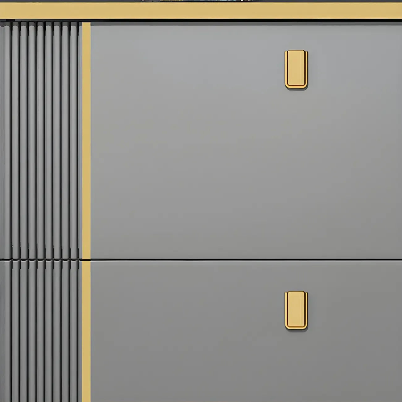 Large Entryway Grey Wooden Shoe Storage with Gold Trim