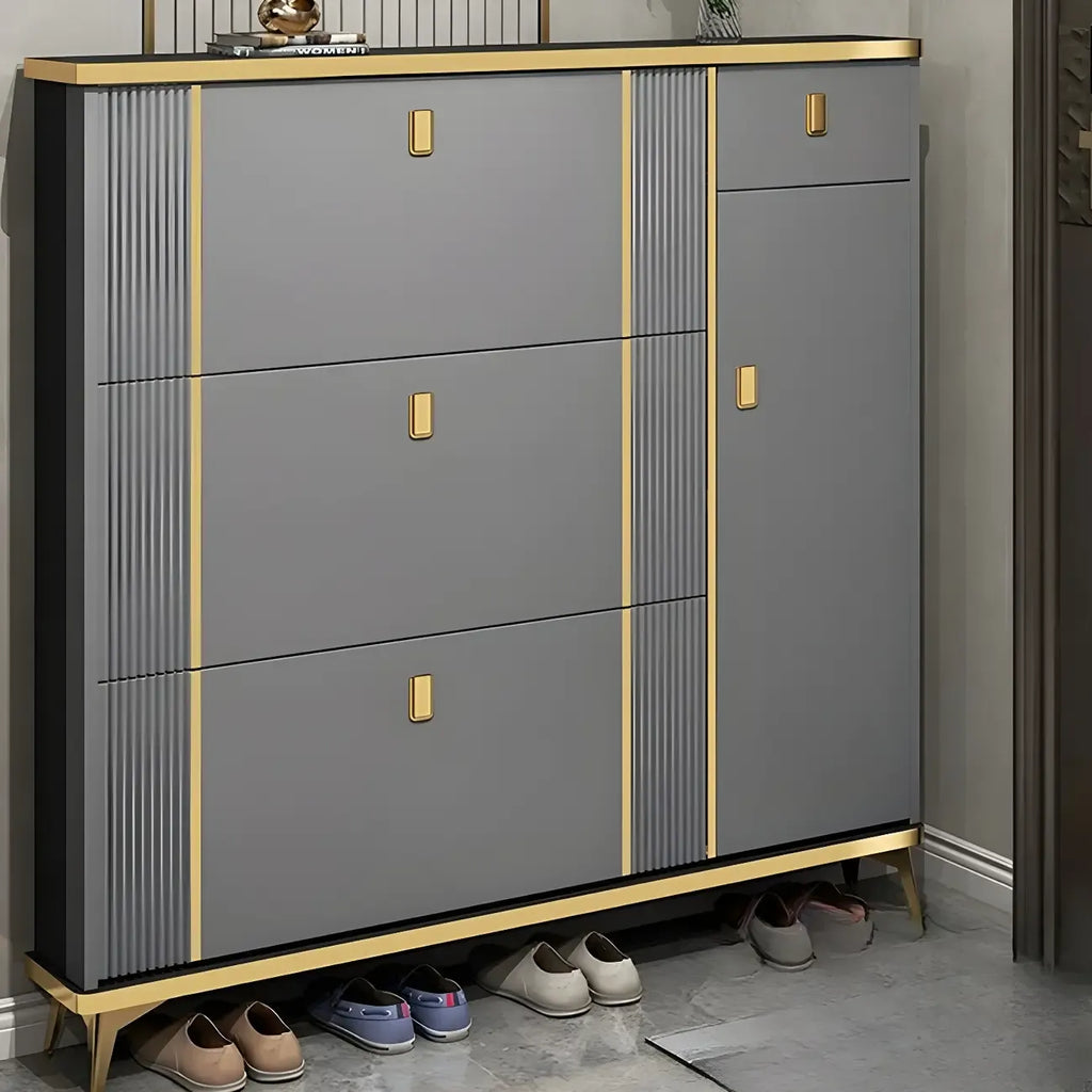 Large Entryway Grey Wooden Shoe Storage with Gold Trim