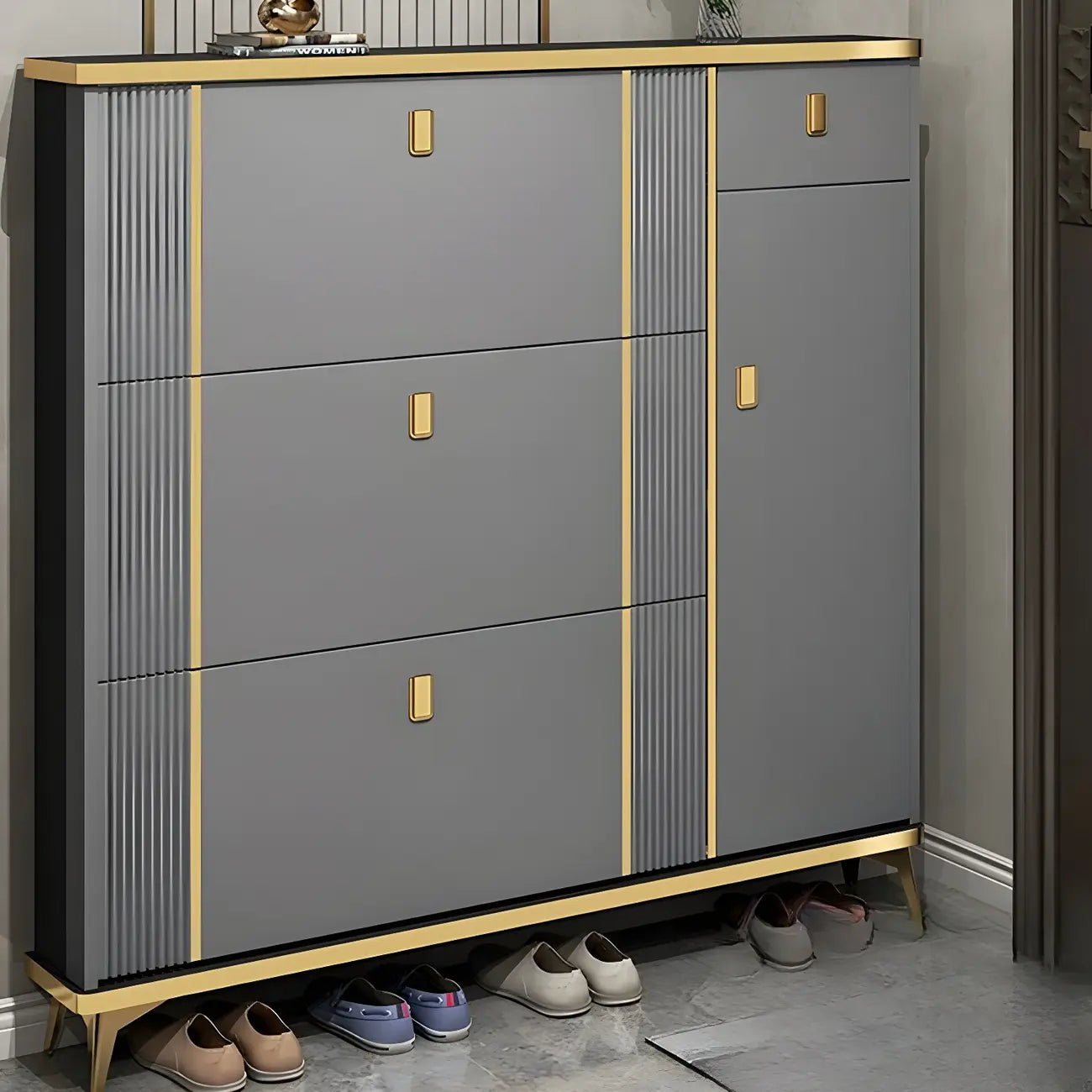 Large Entryway Grey Wooden Shoe Storage with Gold Trim