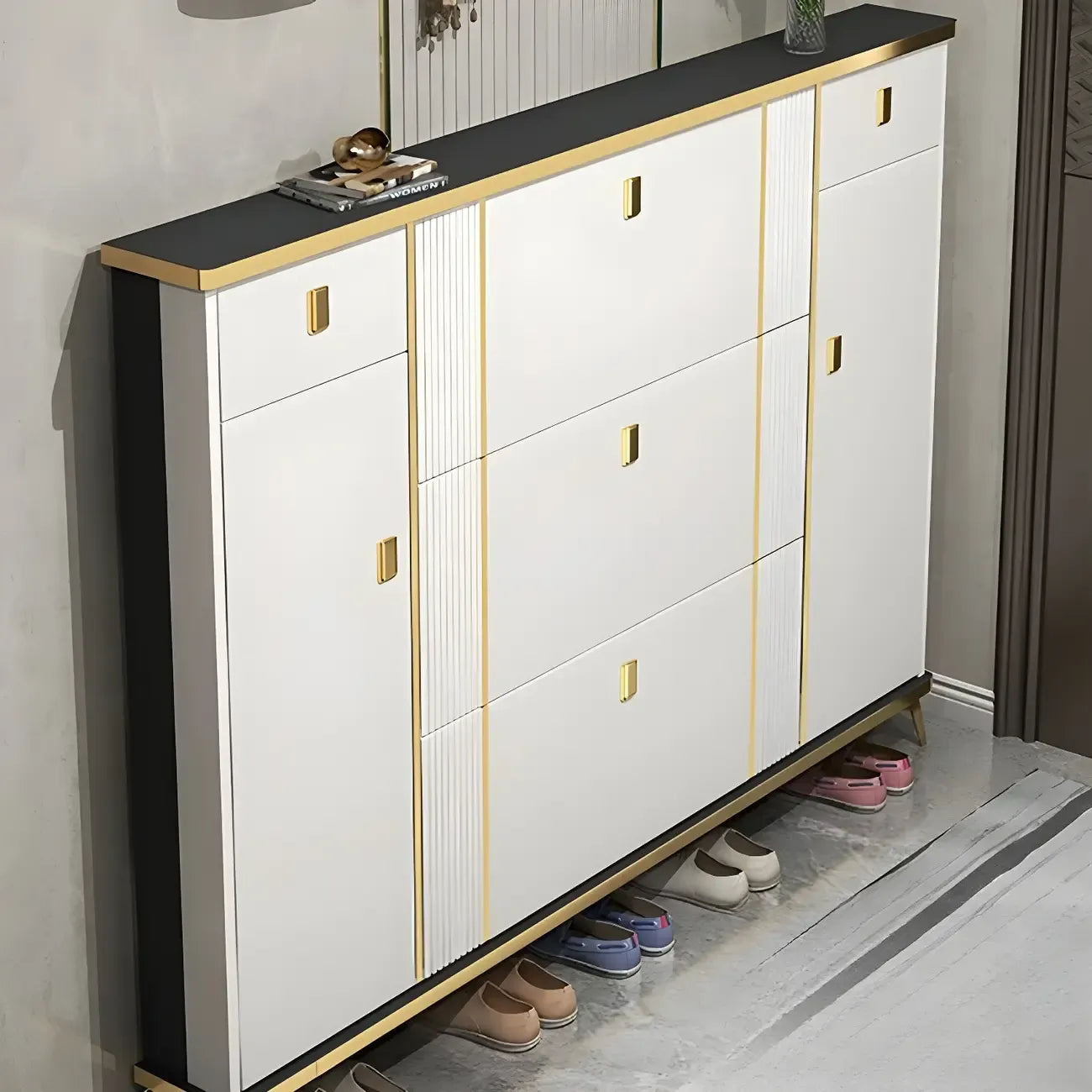 Large Entryway Grey Wooden Shoe Storage with Gold Trim