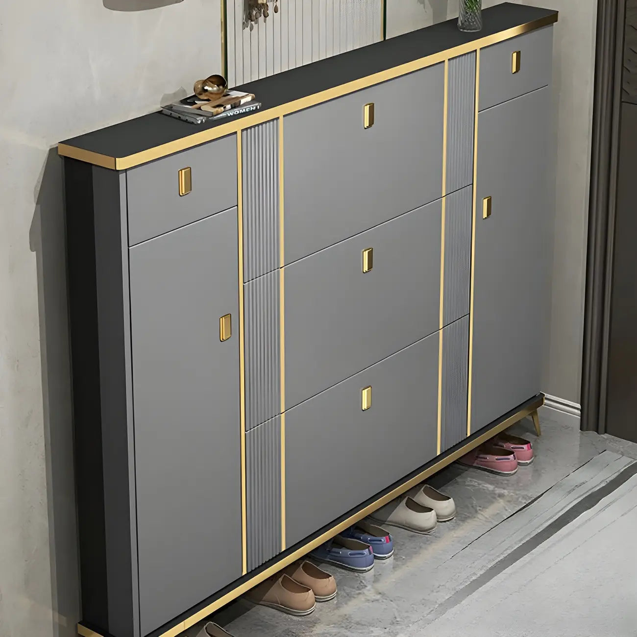 Large Entryway Grey Wooden Shoe Storage with Gold Trim