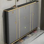 Large Entryway Grey Wooden Shoe Storage with Gold Trim