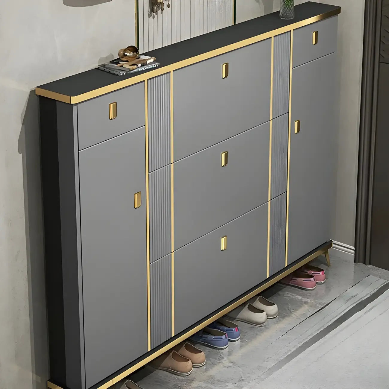 Large Entryway Grey Wooden Shoe Storage with Gold Trim