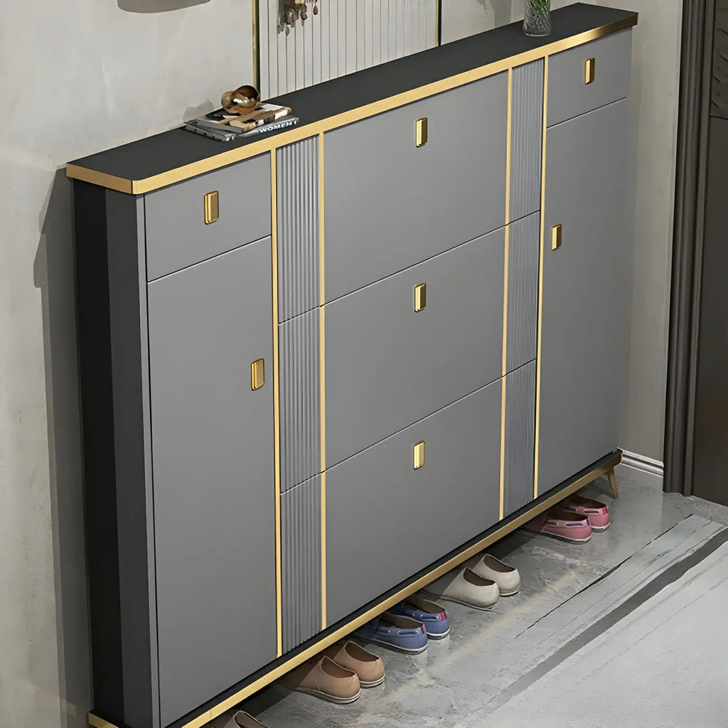 Large Entryway Grey Wooden Shoe Storage with Gold Trim