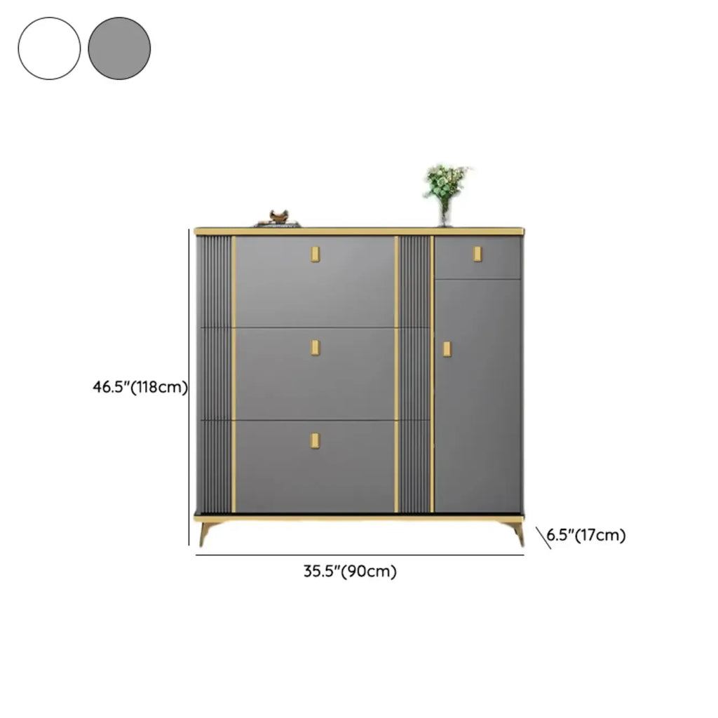 Large Entryway Grey Wooden Shoe Storage with Gold Trim