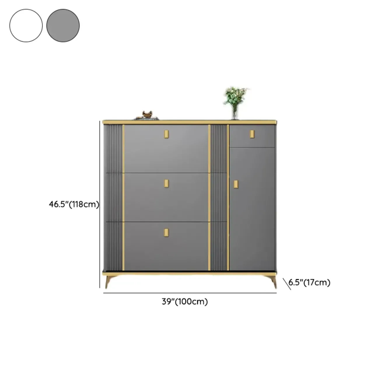 Large Entryway Grey Wooden Shoe Storage with Gold Trim