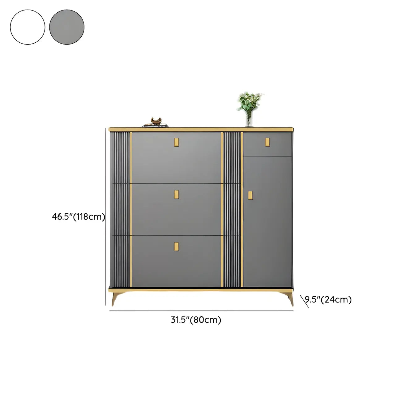 Large Entryway Grey Wooden Shoe Storage with Gold Trim