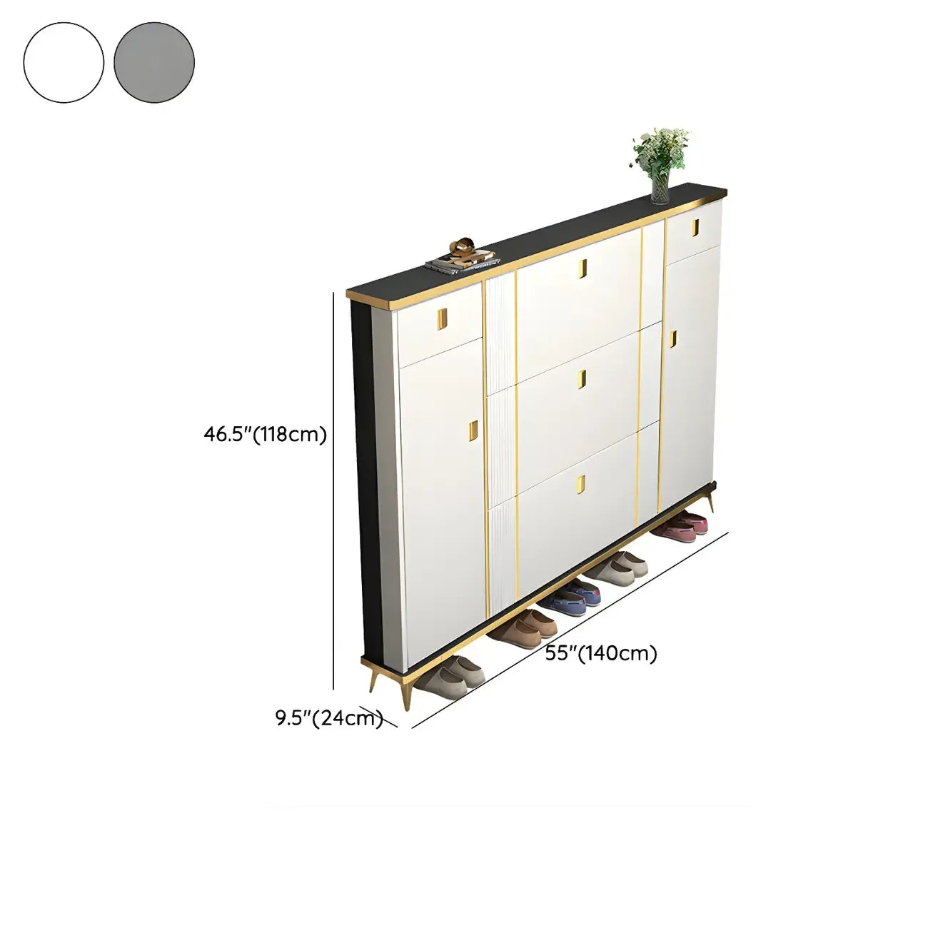 Large Entryway Grey Wooden Shoe Storage with Gold Trim