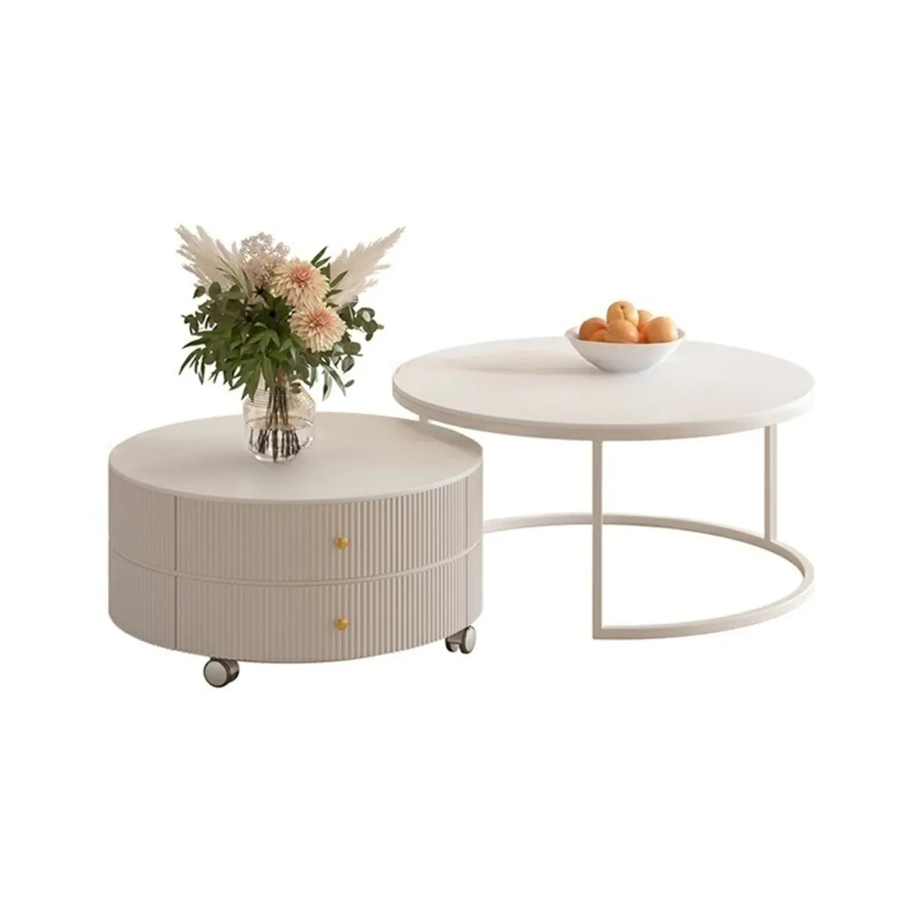 White Round Wheeled Round Wood Drawer Coffee Table