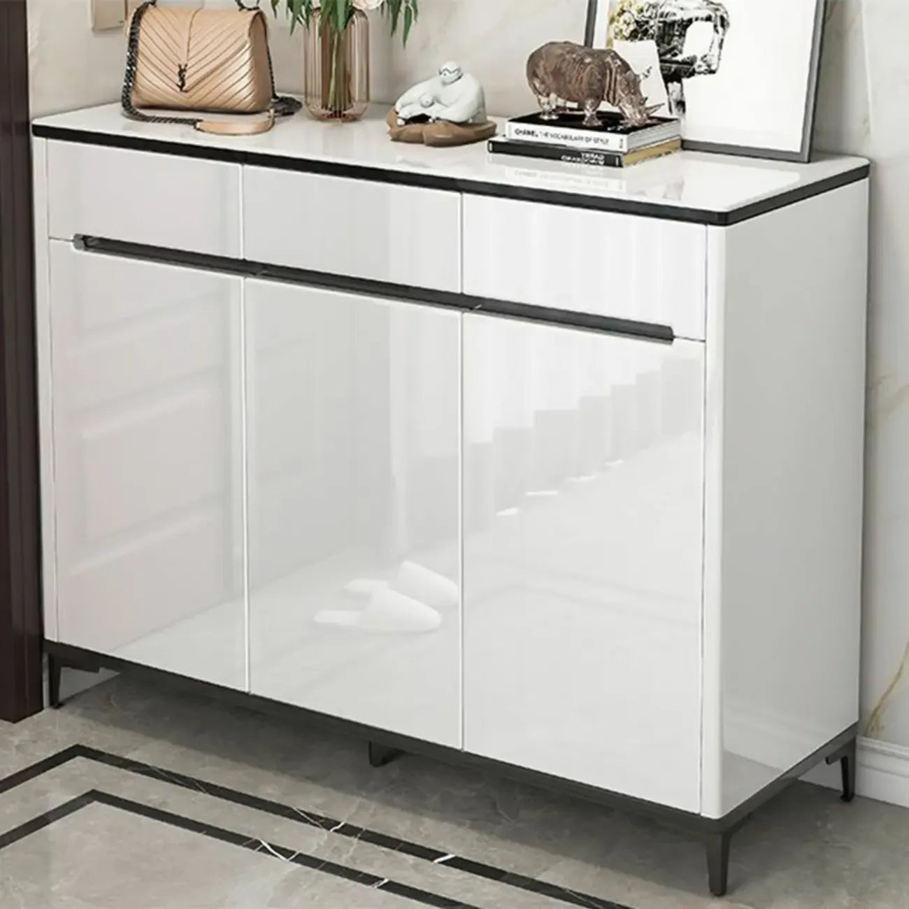Sleek Entryway Wooden Shoe Storage Cabinet with Glass Top