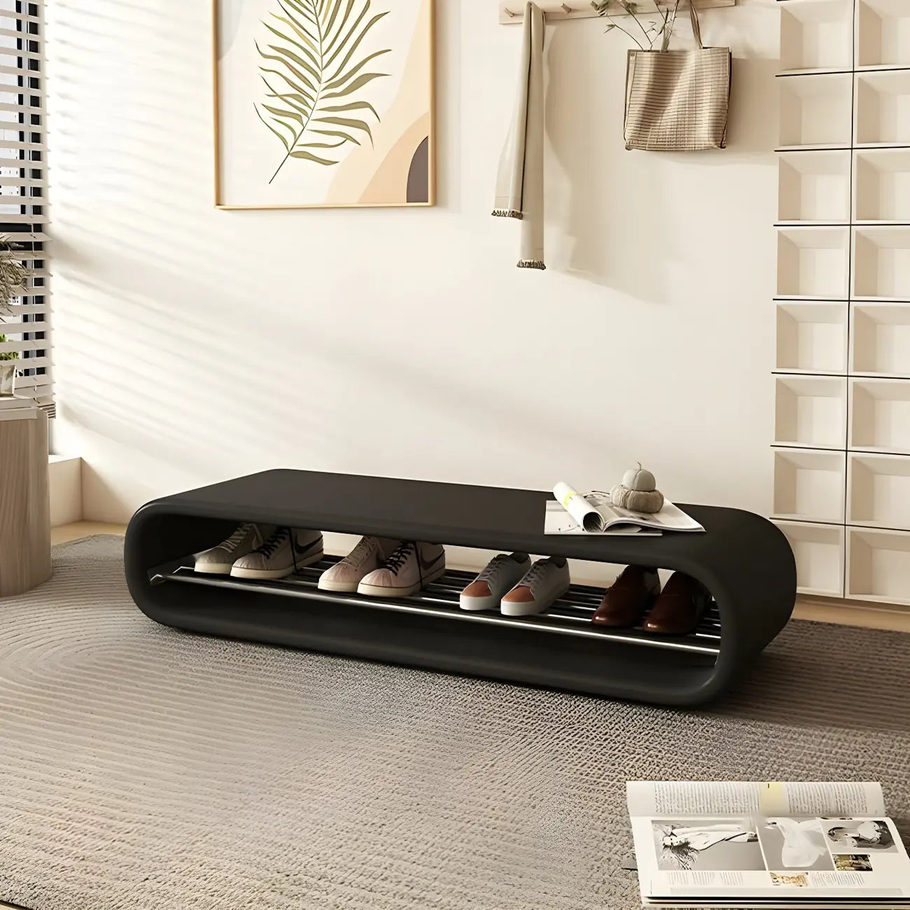 Decorative Short Oval Pine Wood Storage Entryway Bench