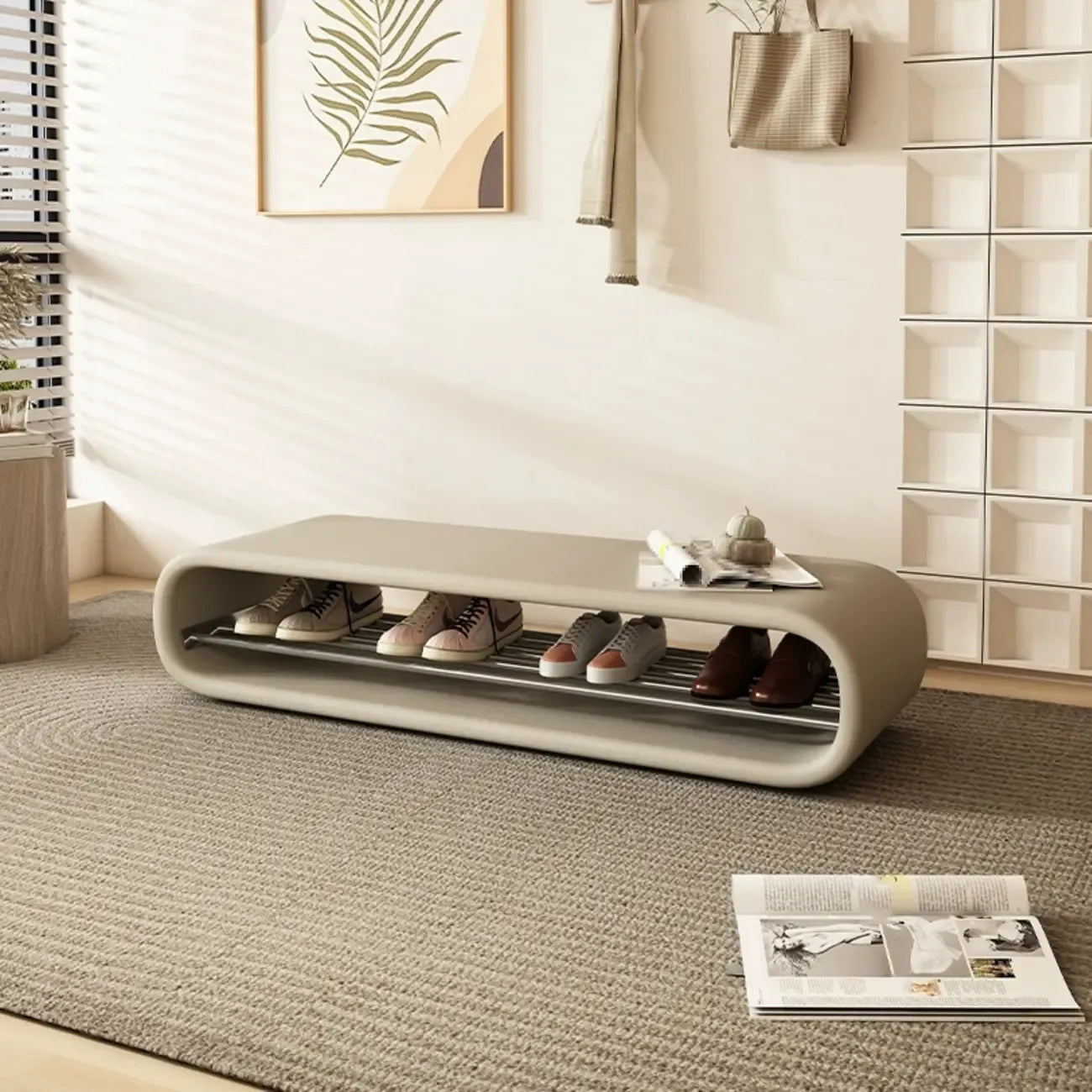 Decorative Short Oval Pine Wood Storage Entryway Bench