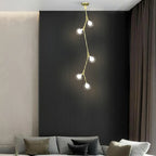 Modern Gold Branch Globe Glass Downrod Stairwell Chandelier