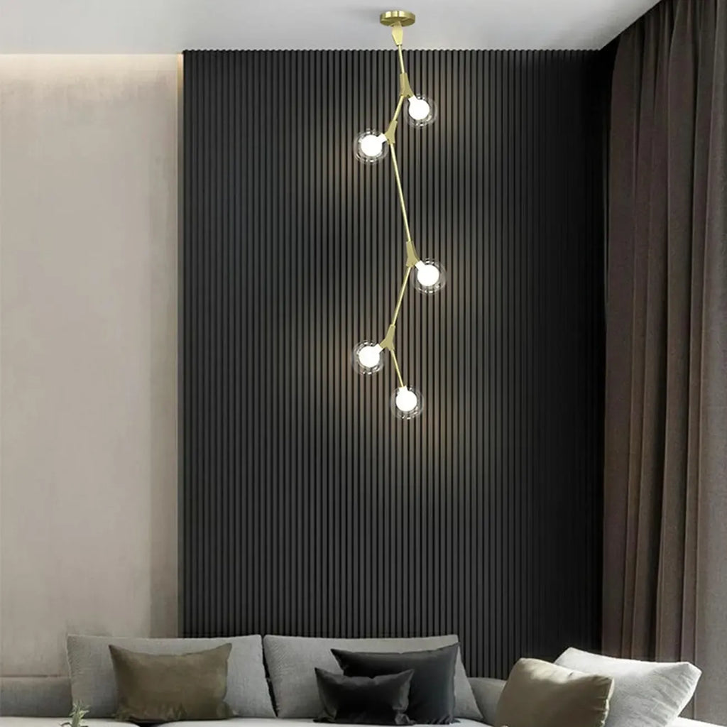 Modern Gold Branch Globe Glass Downrod Stairwell Chandelier