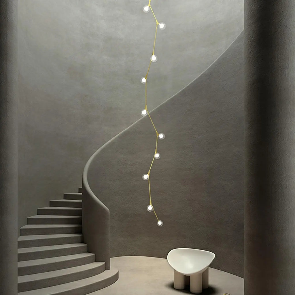 Modern Gold Branch Globe Glass Downrod Stairwell Chandelier