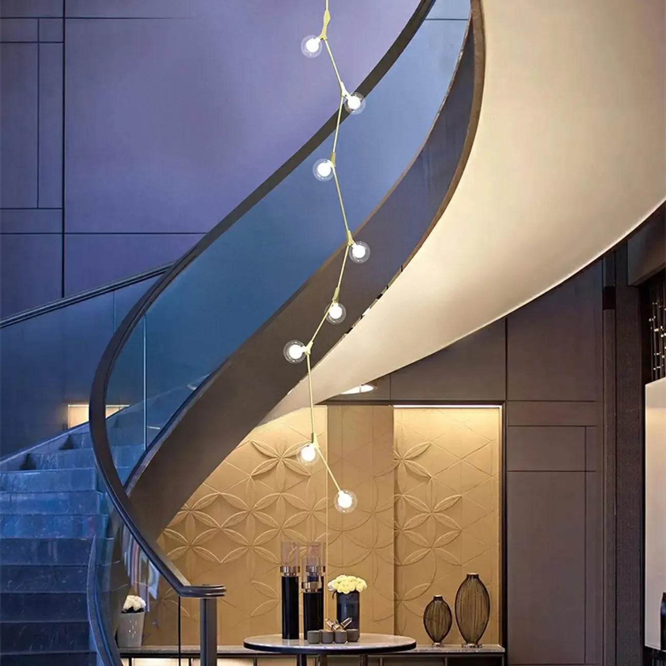Modern Gold Branch Globe Glass Downrod Stairwell Chandelier