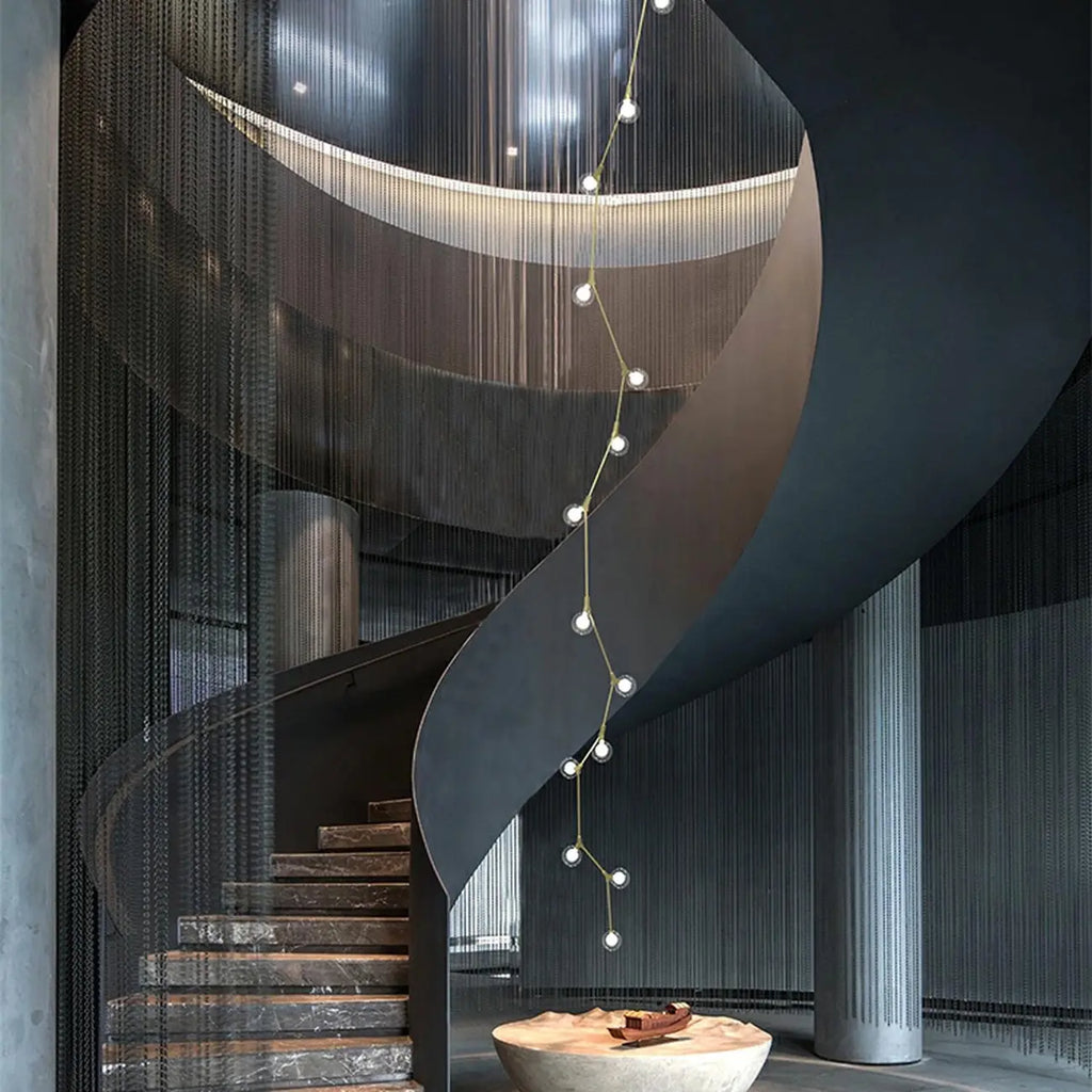 Modern Gold Branch Globe Glass Downrod Stairwell Chandelier