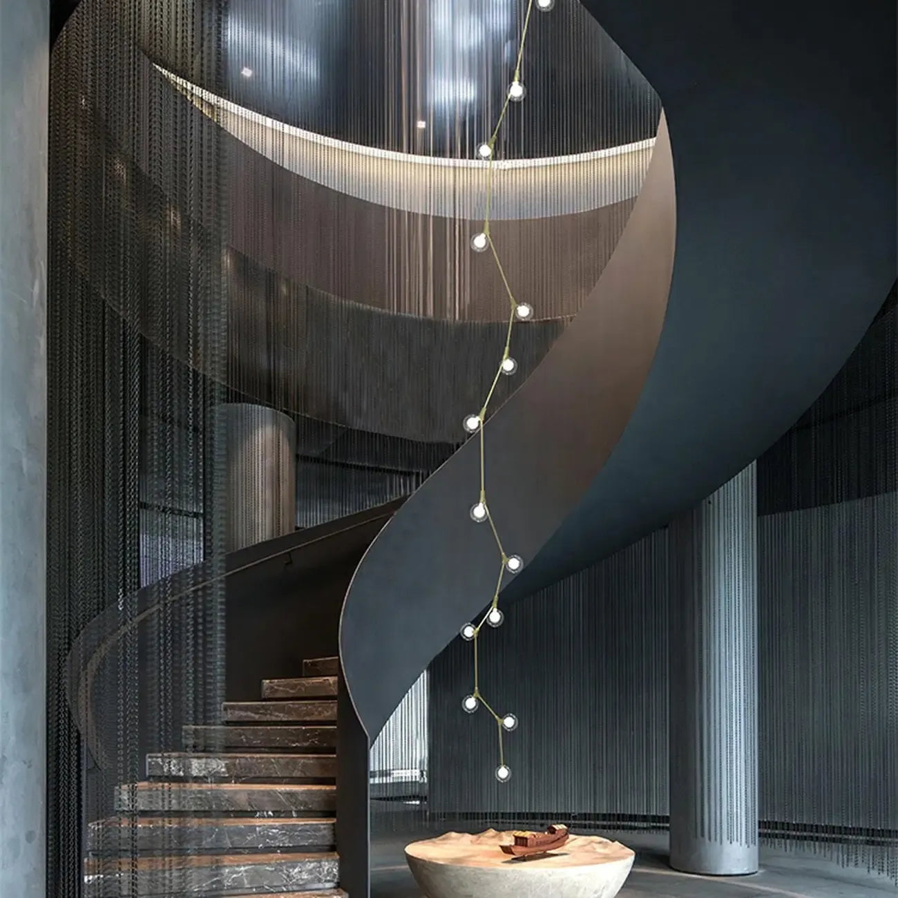 Modern Gold Branch Globe Glass Downrod Stairwell Chandelier