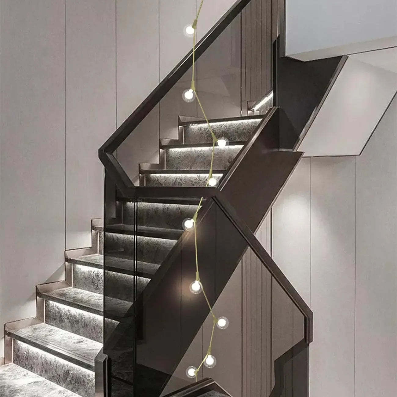 Modern Gold Branch Globe Glass Downrod Stairwell Chandelier