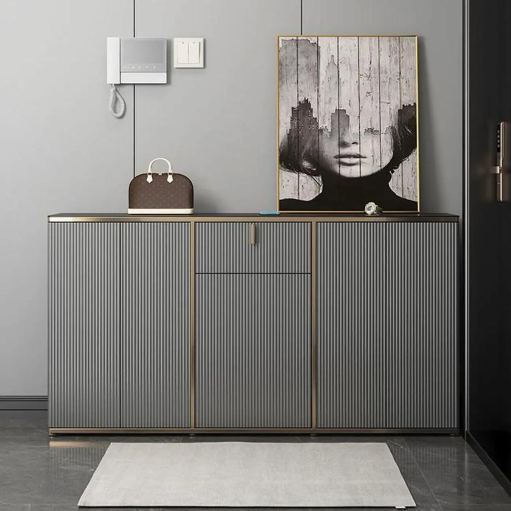 Large Entryway Shoe Cabinet Gray Textured Door Metal Legs