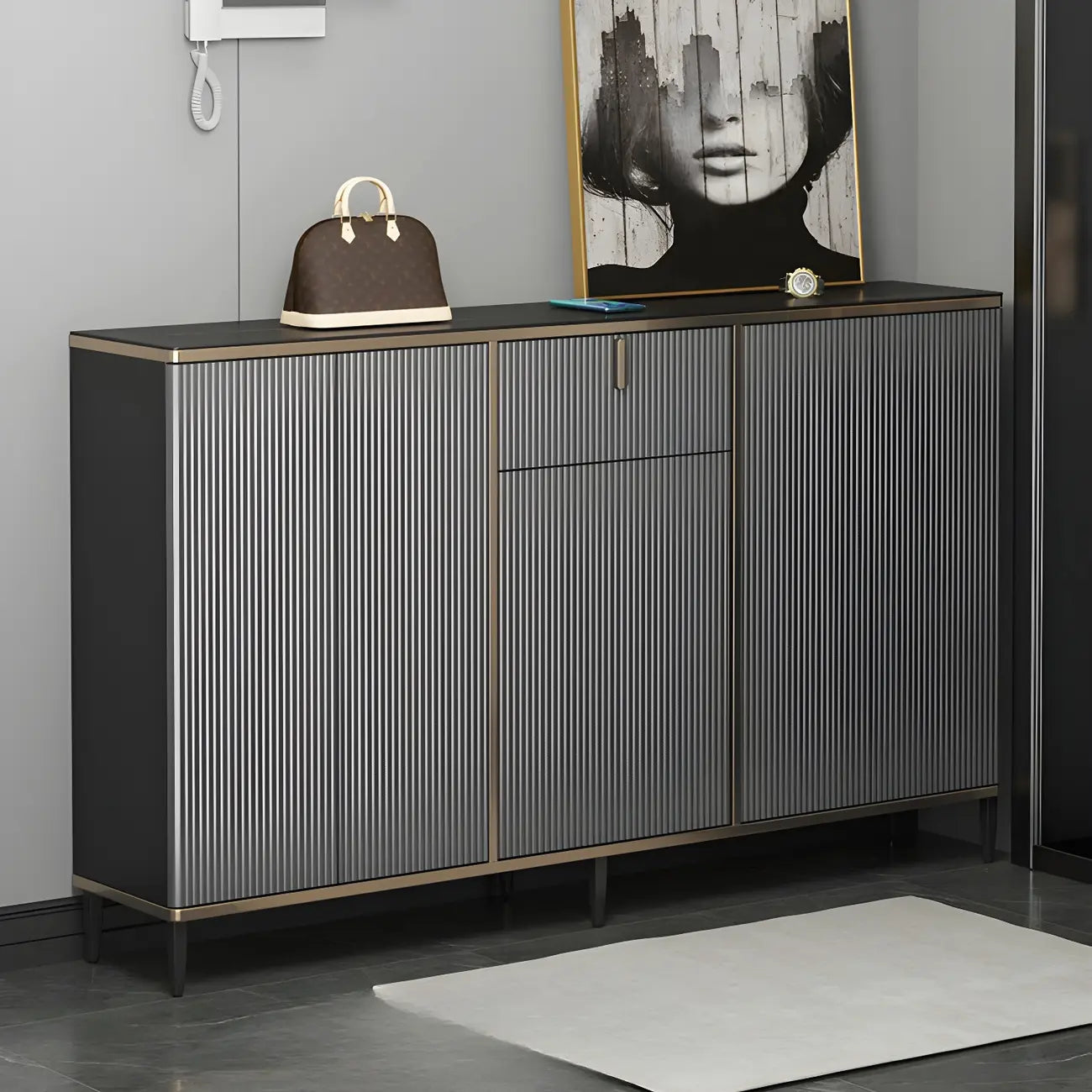 Large Entryway Shoe Cabinet Gray Textured Door Metal Legs
