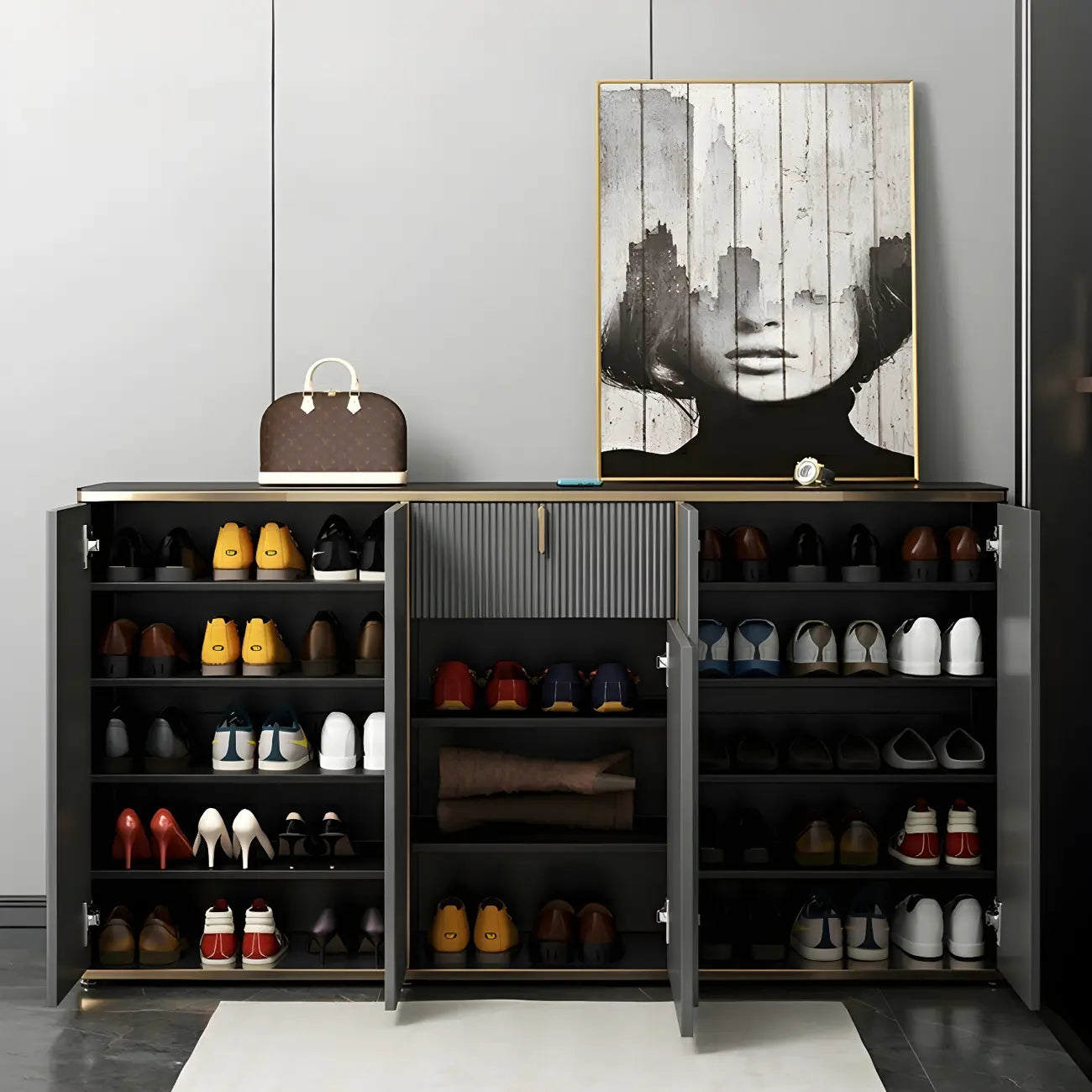 Large Entryway Shoe Cabinet Gray Textured Door Metal Legs