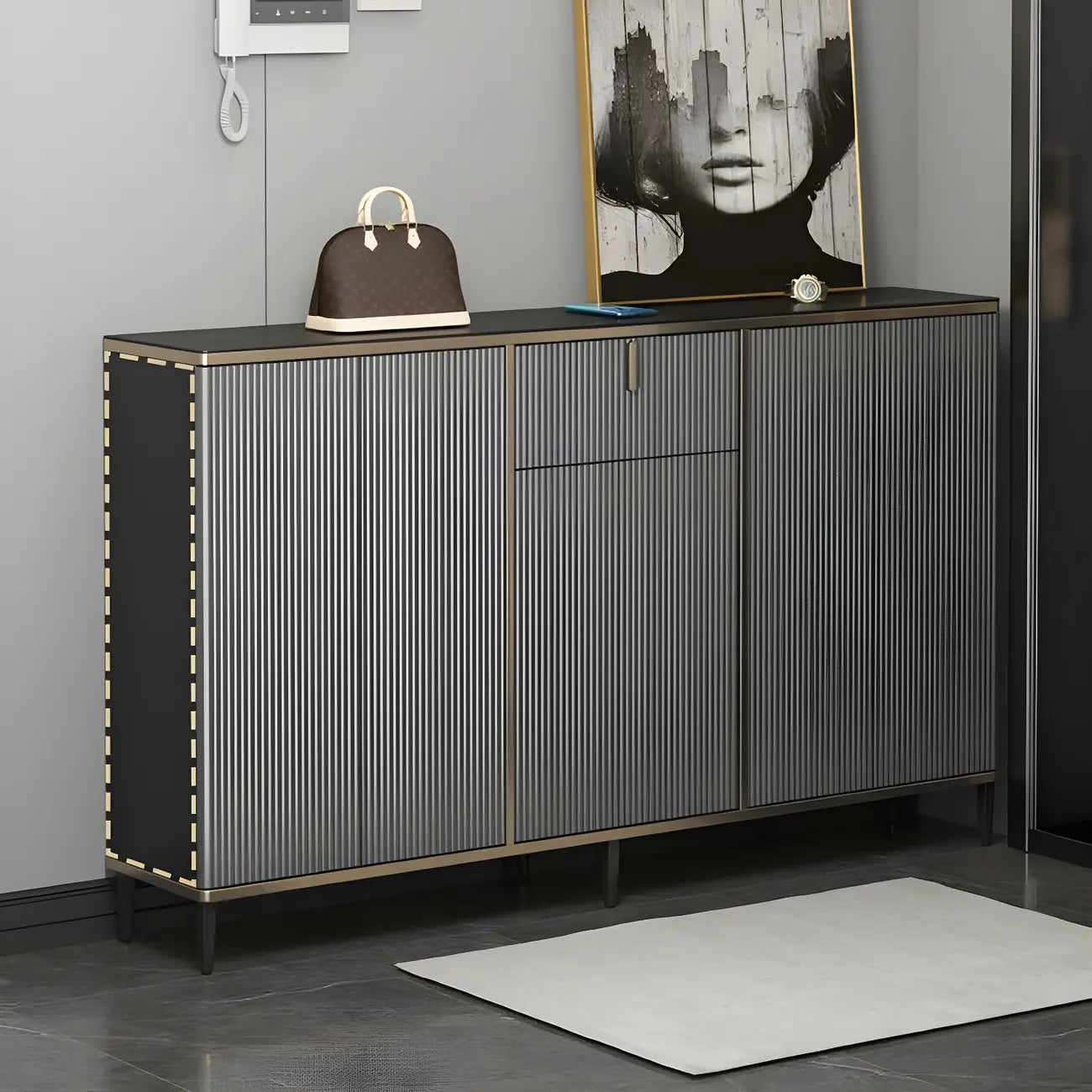 Large Entryway Shoe Cabinet Gray Textured Door Metal Legs