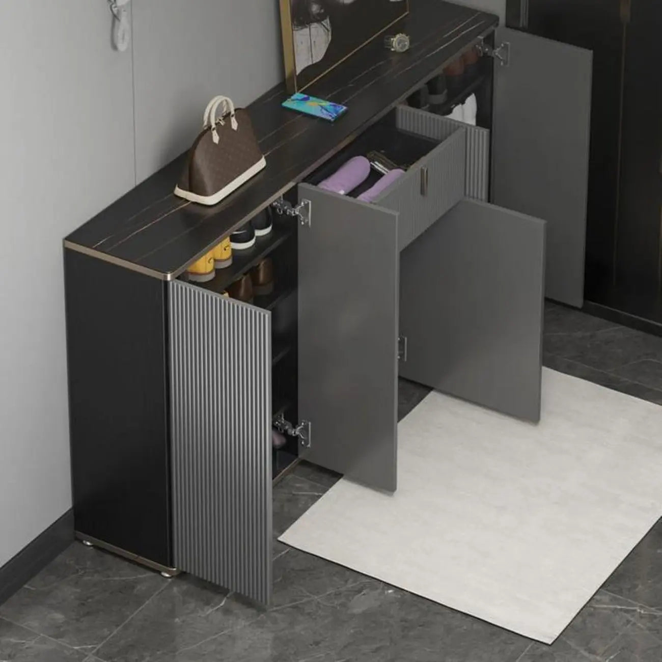 Large Entryway Shoe Cabinet Gray Textured Door Metal Legs
