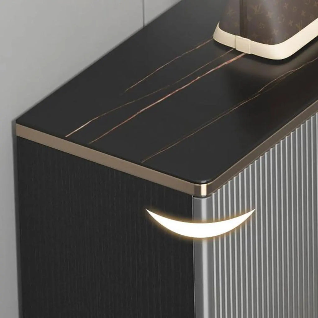 Large Entryway Shoe Cabinet Gray Textured Door Metal Legs