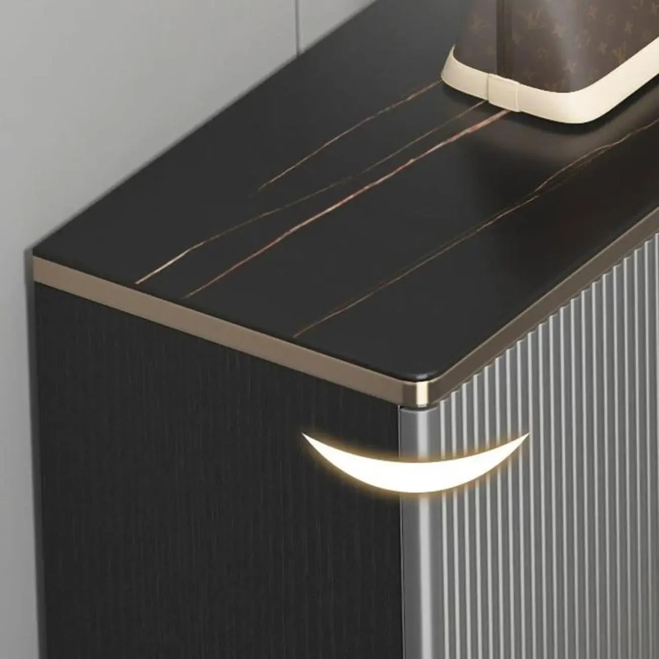 Large Entryway Shoe Cabinet Gray Textured Door Metal Legs