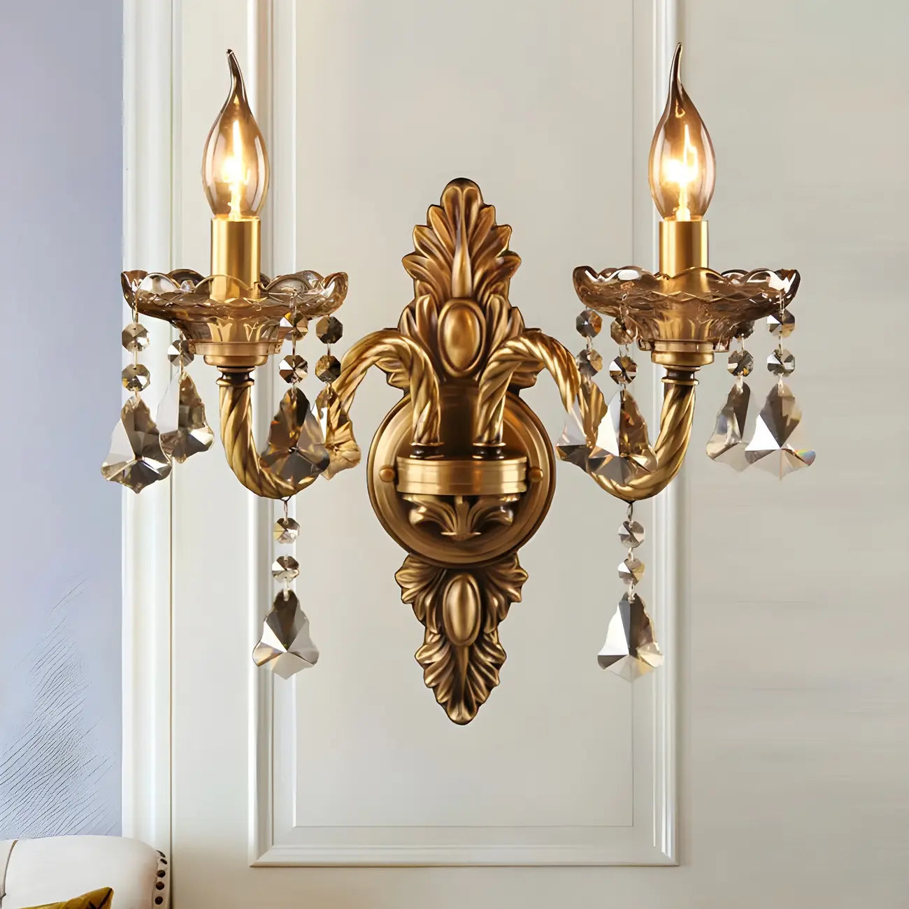 Vintage 2-Light Golden Crystal Candelabra Wall Sconce