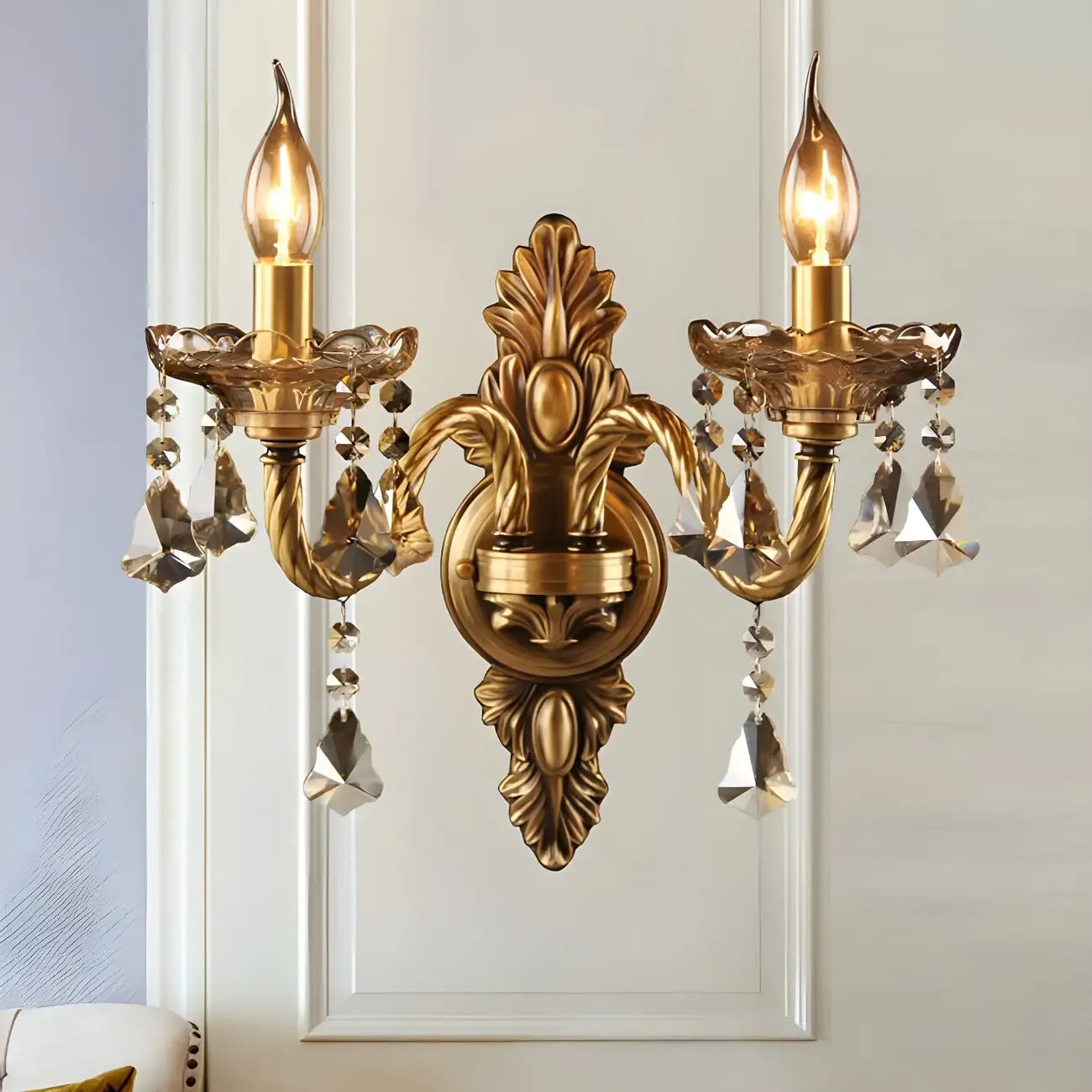 Vintage 2-Light Golden Crystal Candelabra Wall Sconce