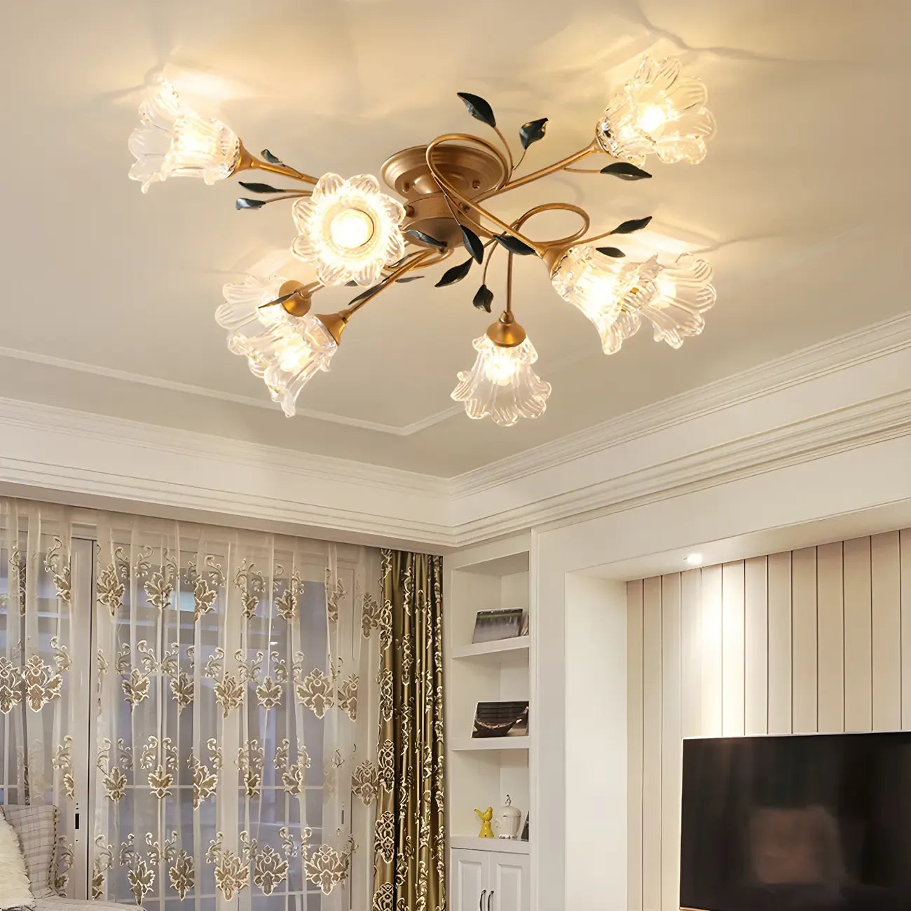 Luxury Flower Glass Semi Flush LED Ceiling Light for Indoor