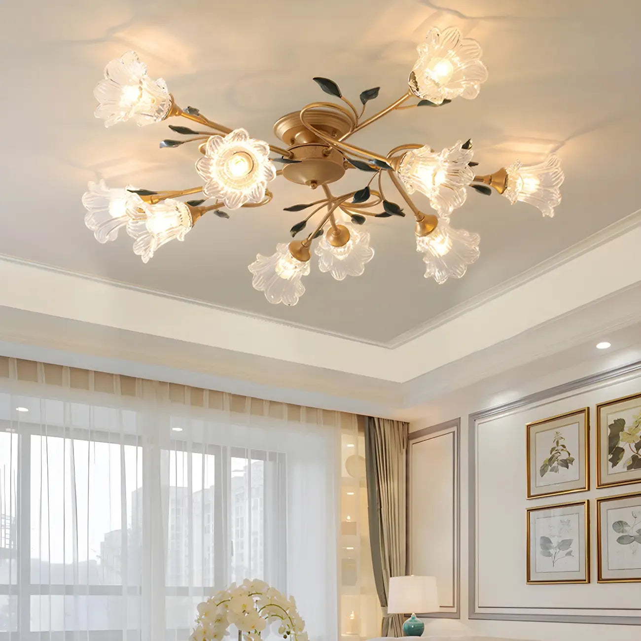 Luxury Flower Glass Semi Flush LED Ceiling Light for Indoor