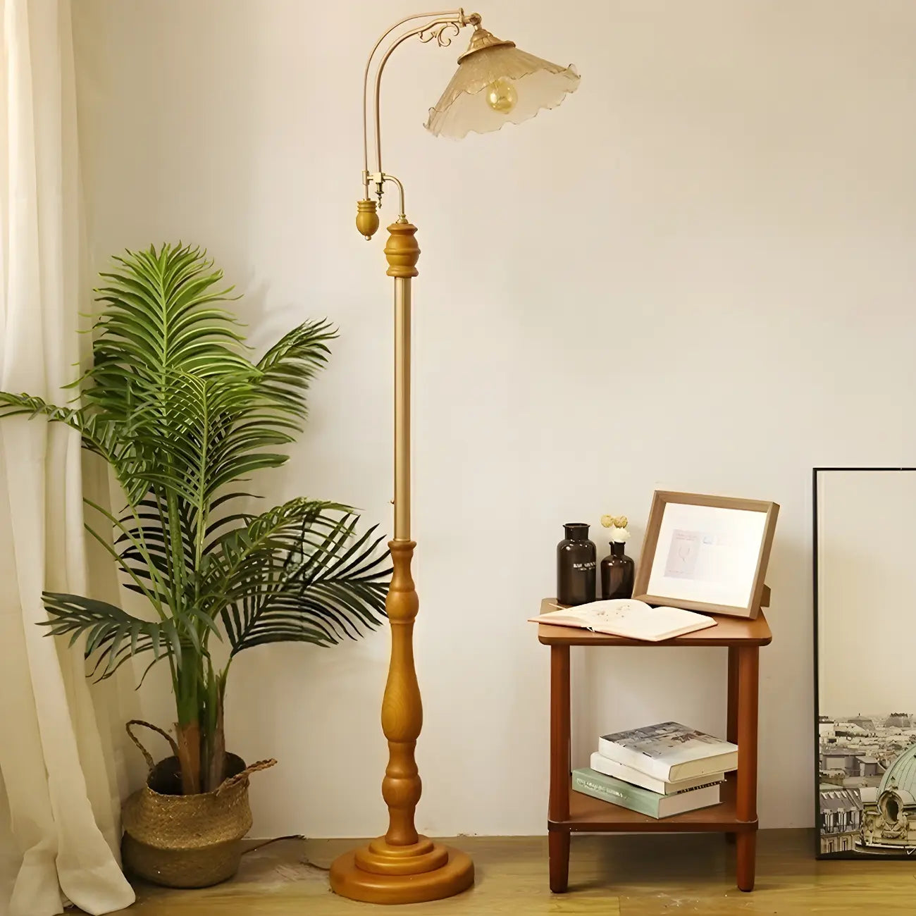 Plug-In Vintage Flower Shape Amber Glass Arc Floor Lamp