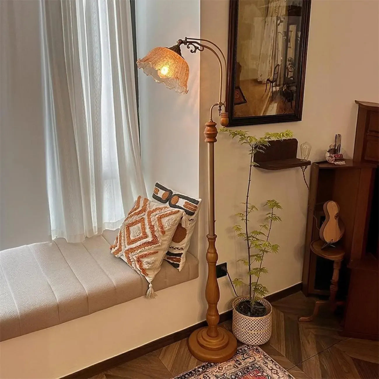 Plug-In Vintage Flower Shape Amber Glass Arc Floor Lamp