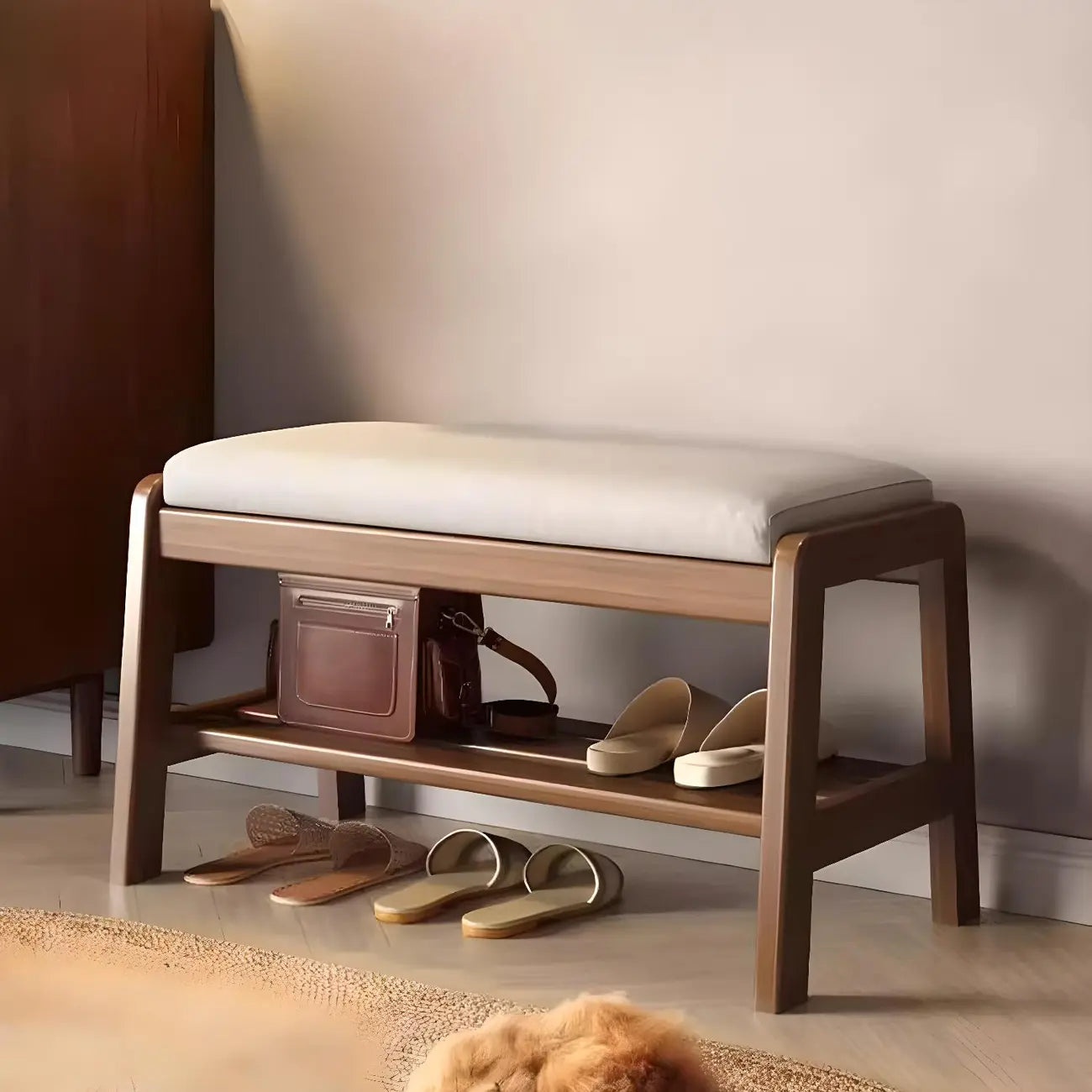 Entryway Solid Wood Cushioned Trapezoid Shoe Bench