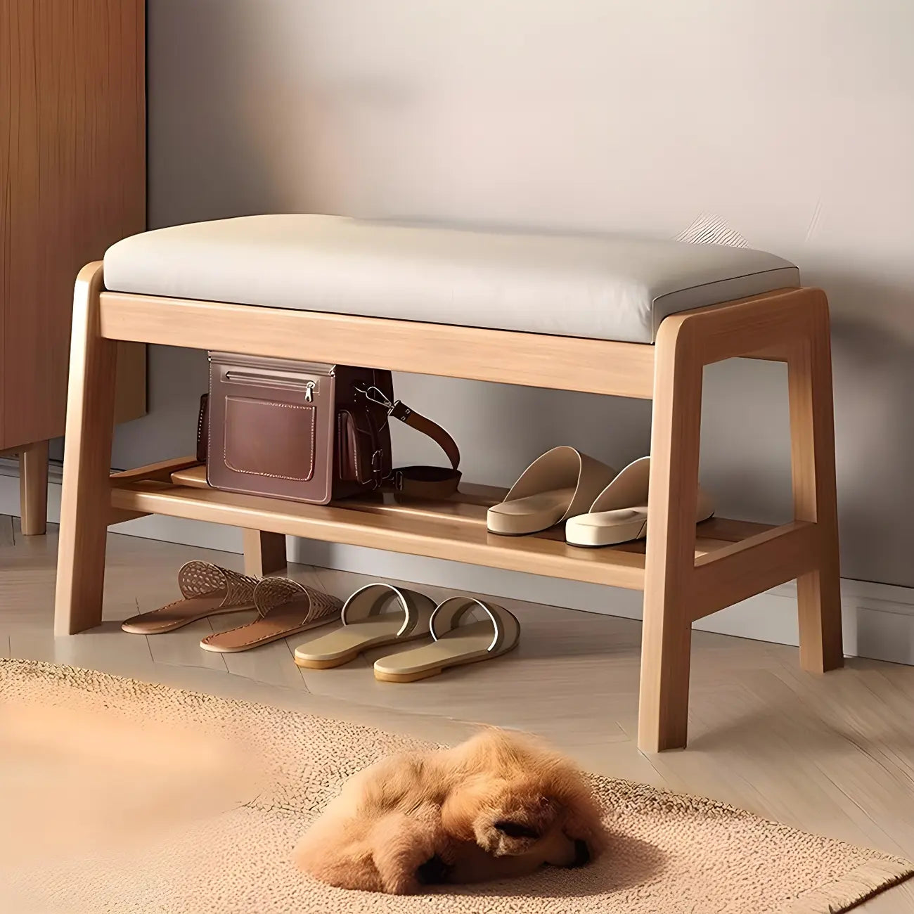 Entryway Solid Wood Cushioned Trapezoid Shoe Bench