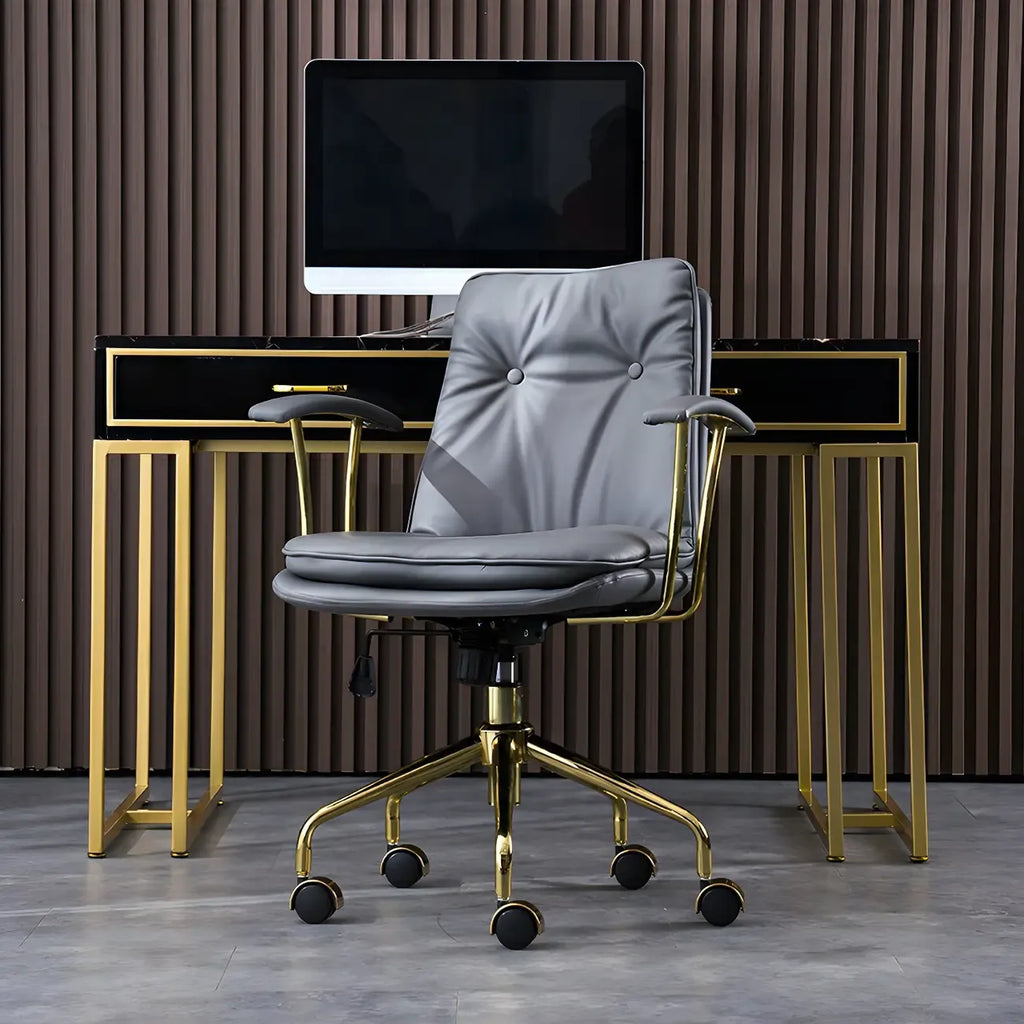 Gold Base Tufted Leather Adjustable Office Chair