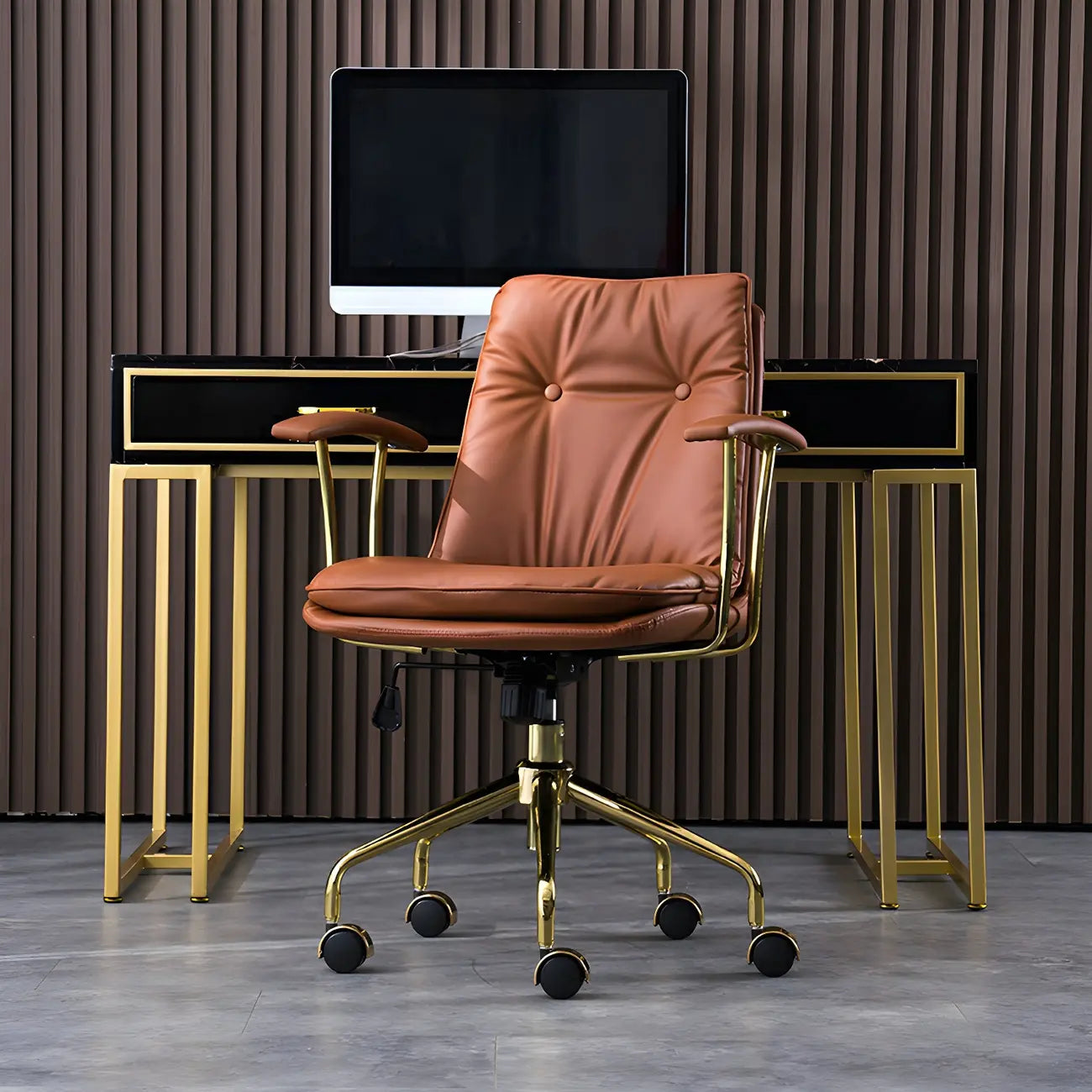 Gold Base Tufted Leather Adjustable Office Chair