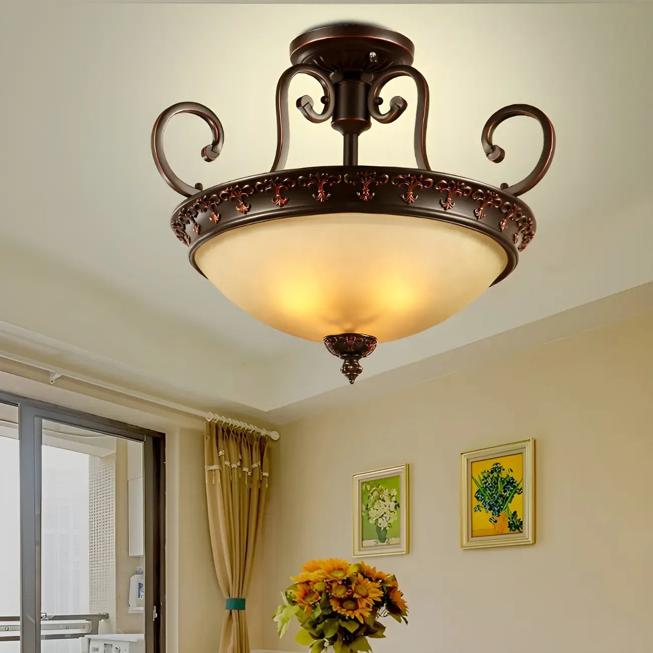 Frosted Glass Brown 3-Light Barn Semi Flush Ceiling Light