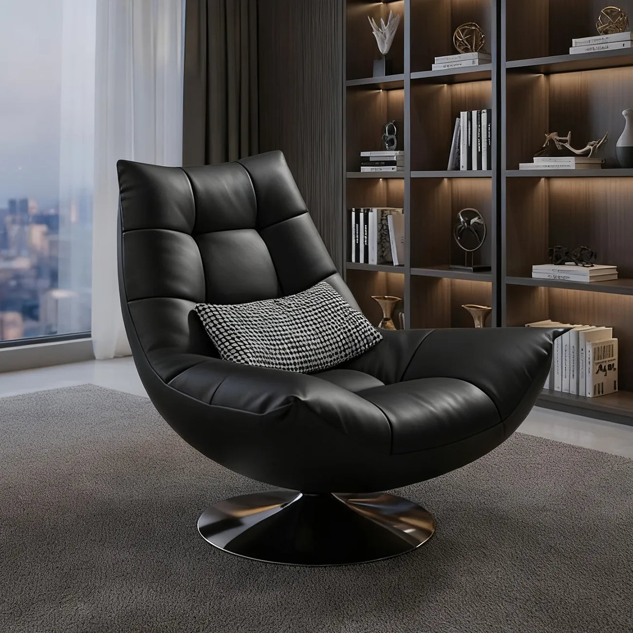 Black Swivel Tufted Leather Accent Chair Pillow Included