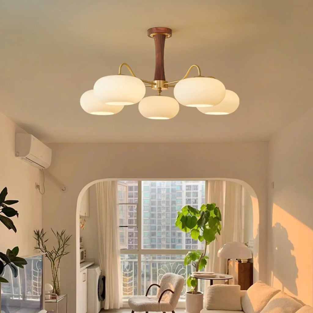 Rustic Walnut Wood Oblate Glass Semi Flush Ceiling Light
